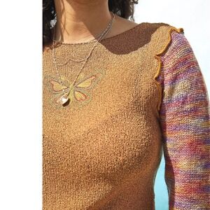 UO Butterfly Knit Top Medium Tan Space-Dye Fairy Whimsigoth Flowy Bell Sleeve